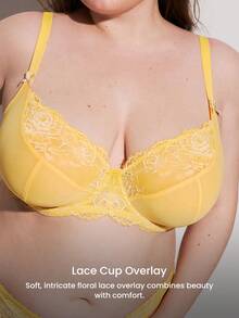 LUVLETTE Plus  Woman Lingerie Full Coverage Support&Breathable Underwire Sexy Unlined Sheer Minimizer Yellow Lace Bra - Yellow - View 3