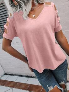 SHEIN LUNE Kaos Wanita Lengan Pendek Polos Berlubang Kasual Longgar Serbaguna - Berwarna merah muda - View 5