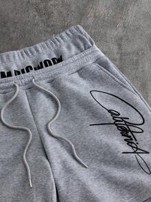 AXEPEAK 男士字母印花抽绳腰带口袋休闲百搭日常短裤 - 淺灰色 - 查看 4