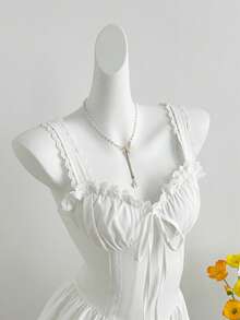 Elamini 女士蕾丝边饰打结设计褶皱腰身优雅派对迷你连衣裙 - 白色 - 查看 8