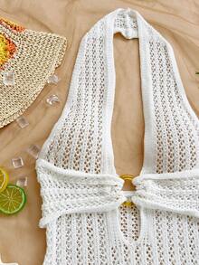 Soleia Women's Sexy Backless Halter Neck Ruffle Hem Mini Knit Dress, Summer - White - View 2