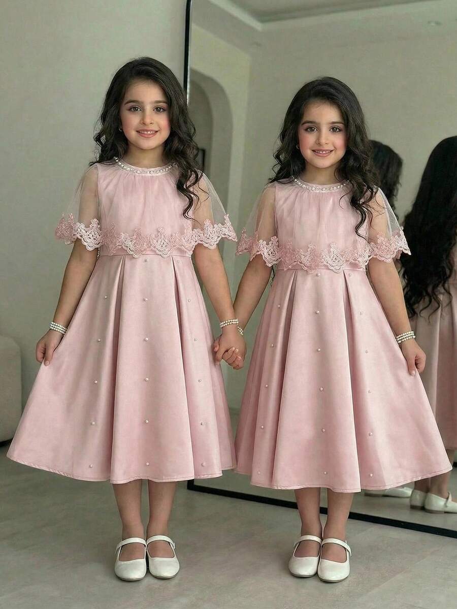 Tween Girl Round Neck Mesh Patchwork Pleated Elegant Dress - Pink - View 1