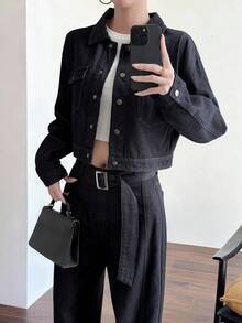 DAZY 女士复古水洗牛仔外套搭配阔腿直筒牛仔裤套装，宽松版型，配有大口袋，休闲商务办公通勤装，适合秋、春、夏三季穿着。 - 深色水洗藍 - 查看 9