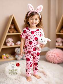 一套女童草莓爱心印花修身短袖上衣和裤子睡衣套装，春夏款 - 粉色 - 查看 3