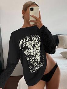 DAZY Áo thun nữ họa tiết ren tương phản, dáng rộng, thường ngày mùa hè - màu đen - Xem 5