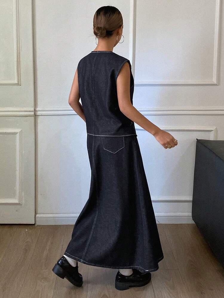 Western Cowgirl Sleeveless V-Neck Vest Jacket & Skirt Elegant Commuter Autumn/Winter Women Denim Suit