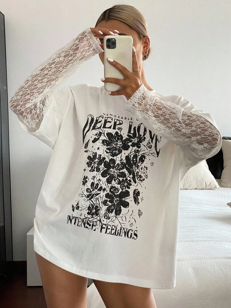 Women's Contrast Lace Letter Print Loose Casual Summer Tee Graphic Tee Oversized T-Shirt Floral