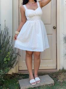 Sunnyshic Plus Size V-Neck Lace Patchwork Cinched Waist Flared White Dress, Spring/Summer - White - View 5