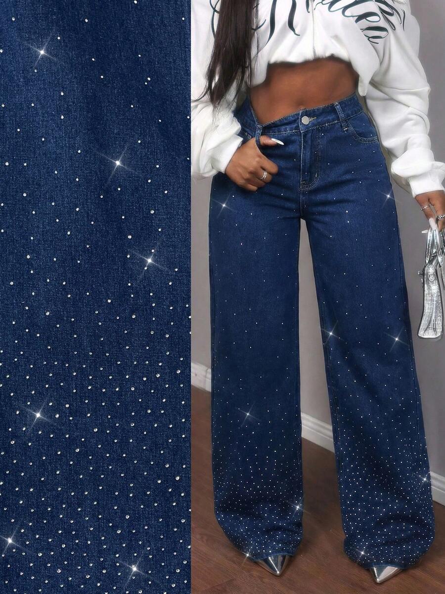 Slaydiva Women's High Waist Pockets Rhinestone Embellished Wide Leg Loose Fit Jeans - Medium Wash - View 1