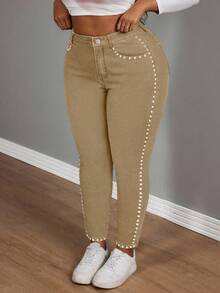 Slaydiva Plus Size Women Cowgirl Style Elastic Waist Blue Punk Jeans With Side Rivet Details, Autumn - Khaki - View 4