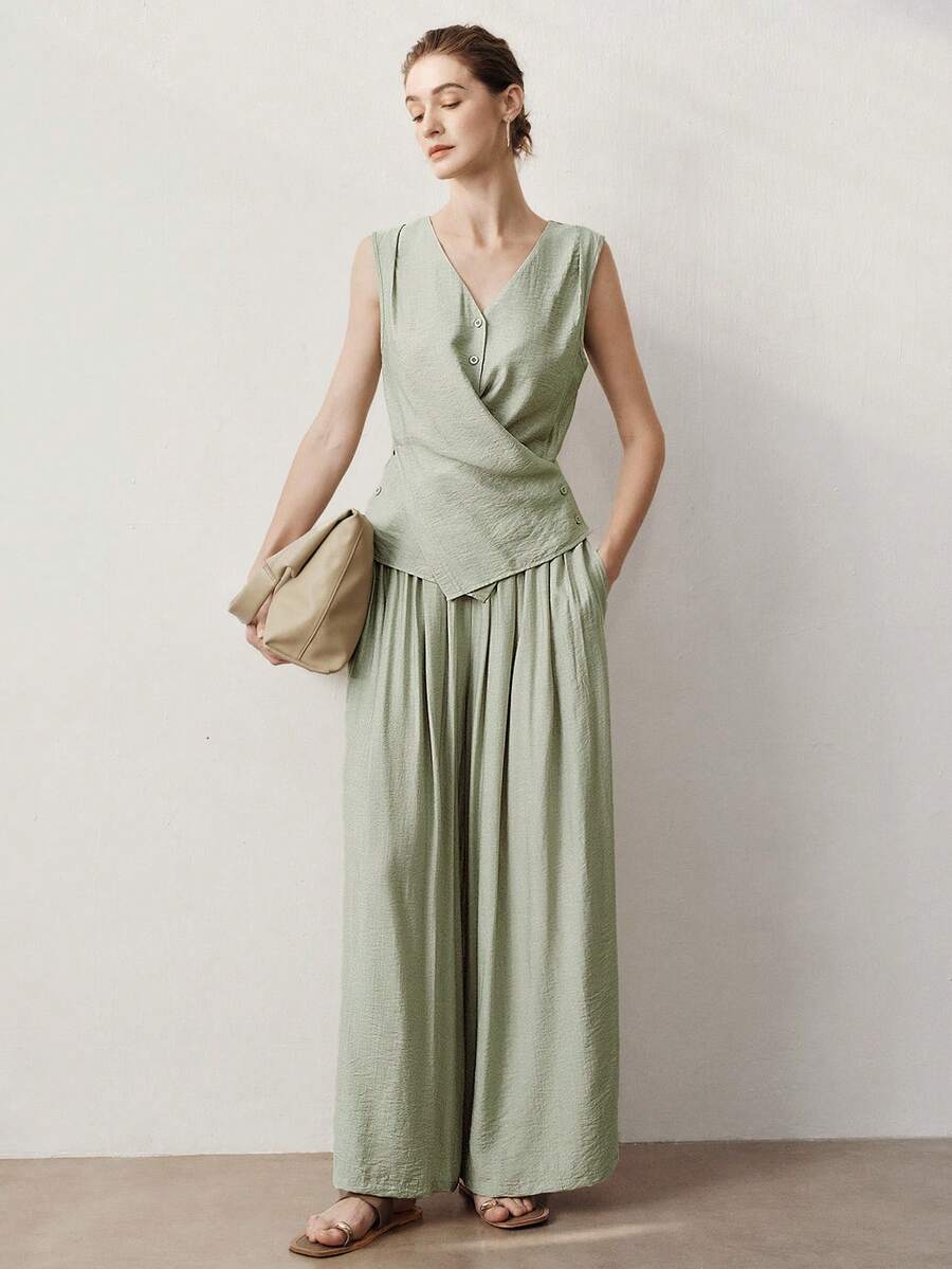 Aalyst Women's Spring/Summer Outfit, Elegant & Fashionable V-Neck Sleeveless Blouse With Criss-Cross Twist Detail + Wide Leg Pants Two Pieces Set, Grey-Green With Pockets - Green - View 1
