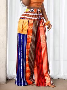 SHEIN BamGlam Pantalones rectos con estampado de rayas de colores para mujer, perfectos para vacaciones en la playa - Multicolor - Ver 6