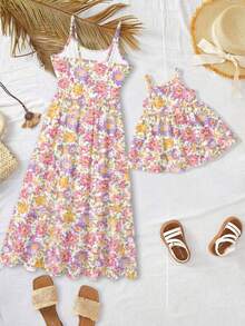 1件女婴6个月-2-3岁碎花彩色图案无袖撞色连衣裙，轻薄面料，清新风格吊带裙，适合春夏外出穿着 - 彩色 - 查看 2