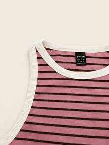 SHEIN BASICS 女士休闲条纹印花修身圆领露脐背心，适合夏季度假和日常通勤。 - 藕粉色 - 查看 9
