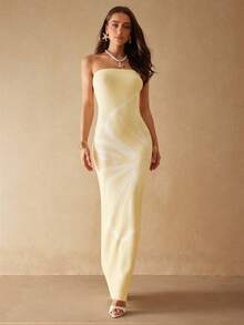 Silquee Đầm maxi dệt kim ôm eo kiểu dáng mới, gợi cảm và thanh lịch, đa năng. - Màu vàng - Xem 4