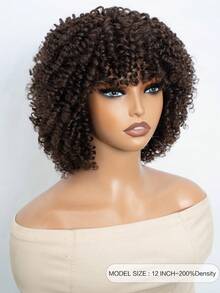 Density Pro Brown Afro Curly Bob Wig With Bangs Human Hair Short Bouncy Coil Curl Bob Bang Wig Wear And Go 12 Inch Afro Coli Curl Wig 200% Density Glueless Non Lace Machine Made Wig Small Tight Curl Soft Brazilian Remy Hair - S4 - View 4