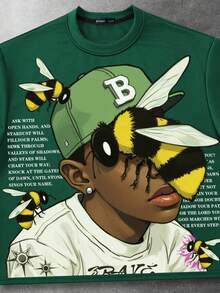 ROMWE MEN Street Life 青少年男孩休闲蜜蜂标语图案T恤，夏季 - 墨綠色 - 查看 4