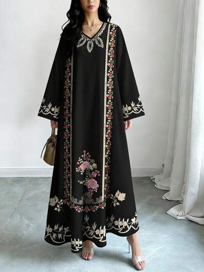 SHEIN Najma 女士花卉植物印花V领长袖优雅阿拉伯风格连衣裙，春季