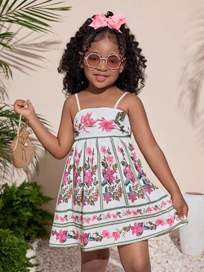 Vestido sin mangas con estampado floral lindo para niña, ideal para vacaciones de verano