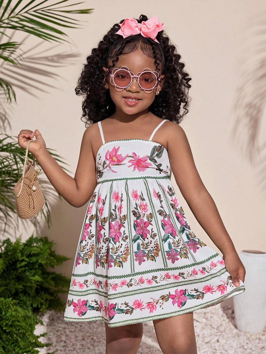 Young Girl Cute Floral Print Sleeveless Dress, Summer Holiday - Multicolor - View 1