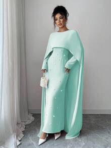 Elenzga Abito da donna lungo e aderente per feste, in maglia, con collo rotondo, maniche lunghe a palloncino, decorazione con perle in vita, elegante e versatile, adatto per l'autunno/inverno - Menta Verde - Visualizzare 3