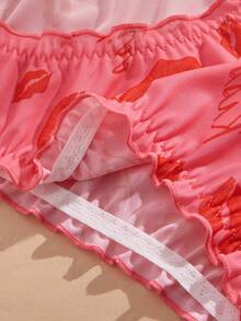 Eraneu 2条装女士粉色嘴唇和爱心图案荷叶边内裤，情人节 - 紅色 - 查看 3