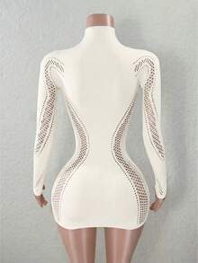 Mistrie 女士纯色立领长袖镂空性感紧身连衣裙 - 米色 - 查看 2