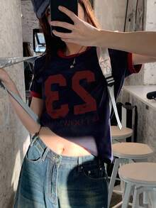 DAZY 女士撞色字母装饰修身休闲街头风运动短袖T恤 - 藏蓝色 - 查看 3