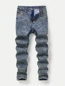 SHEIN 青少年男孩休闲时尚灰色舒适弹力修身牛仔裤，适合日常穿着和返校穿着 - 深色水洗藍 - 查看 1