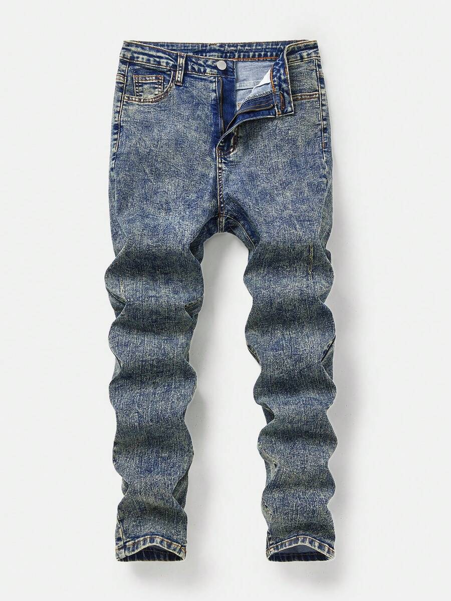 SHEIN 青少年男孩休闲时尚灰色舒适弹力修身牛仔裤，适合日常穿着和返校穿着 - 深色水洗藍 - 查看 1