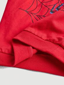 SHEIN Bộ đồ 2 món phong cách đường phố cá tính dành cho bé trai, gồm áo sweatshirt đỏ in hình nhện và quần jeans skinny đen rách co giãn cao cấp, thích hợp cho mùa thu/đông. - Rửa trung bình - Xem 7