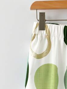 SHEIN Clasi 2pcs/Set Women's Casual Green Bow Tie Shirt And Loose Straight Geometric Print Pants Set, Suitable For Spring/Summer, Vacation, Outing, Everyday Wear - Multicolor - View 6