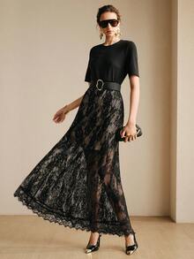 Arave Women's Lace Patchwork Knitted Fabric Round Neck Waist Belt Design Elegant Date Night Dress Lace Maxi Dress Elegant Skirt Set Lace Black Dress Long Skirt - Black - View 6