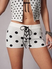 Hauture Women's Polka Dot Lace Up Sweater Hot Short - Black and White - View 2
