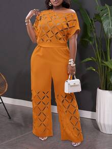 Slaydiva Conjunto de dos piezas elegante, ligero y con bordado floral de hombros asimétricos para tallas grandes - Naranja - Ver 1