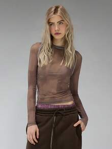 COUREZ 长袖印花迷彩网眼上衣 / Y2K 长袖上衣 外出上衣 女式上衣 冬季女装 BrownTop 印花T恤 女士性感可爱上衣 夏季上衣 夏季穿搭 - 咖啡棕 - 查看 7