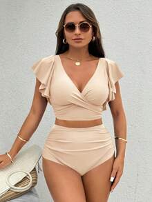 Swim Vcay Bộ bikini hai mảnh màu trơn tay bèo chéo thời trang dành cho nữ mùa hè, màu be, kiểu dáng cạp cao, đồ bơi màu kem, trang phục đi nghỉ mát, gợi cảm. - Màu be - Xem 3