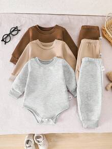 SHEIN Vintaside Kids Conjunto de 3 piezas de body de manga larga de cuello redondo de unicolor para bebé niño, disponible en negro, blanco y gris, estilo de moda, diseño de patrón simple con unicolor para un aspecto premium, corte holgado adecuado para diferentes tipos de Body. El conjunto de 3 piezas incluye una parte superior de body y 3 pantalones largos sin cintura, adecuado para varias ocasiones: adecuado para juegos al aire libre, fácil y libre; adecuado para el ocio en el hogar, cómodo y disfrutable; adecuado para deportes, flexible y activo; - Multicolor - Ver 3
