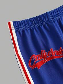 SHEIN 2pcs/Set Young Girl Casual Cute Jersey Letter Print Blue & White Top Tee And Flared Pants Outfit - Blue and White - View 4