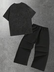 ROMWE MEN Men's Graphic Print Round Neck Short Sleeve T-Shirt And Drawstring Waist Long Pants Set - Black - View 2