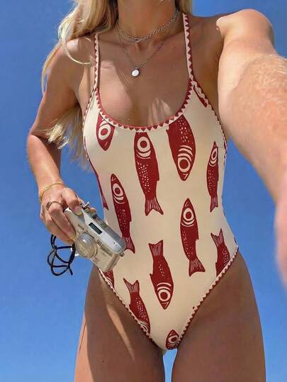 Swim Mod Summer New Sexy High Cut One-Piece Swimsuit, Red Color Block Koi Fish Print, Halter Neck, Padded Bust, Adjustable Straps, Flattering Fit, Suitable For Beach, Pool, Birthday Party Western Bathing Suit Vintage Swimsuits For Woman