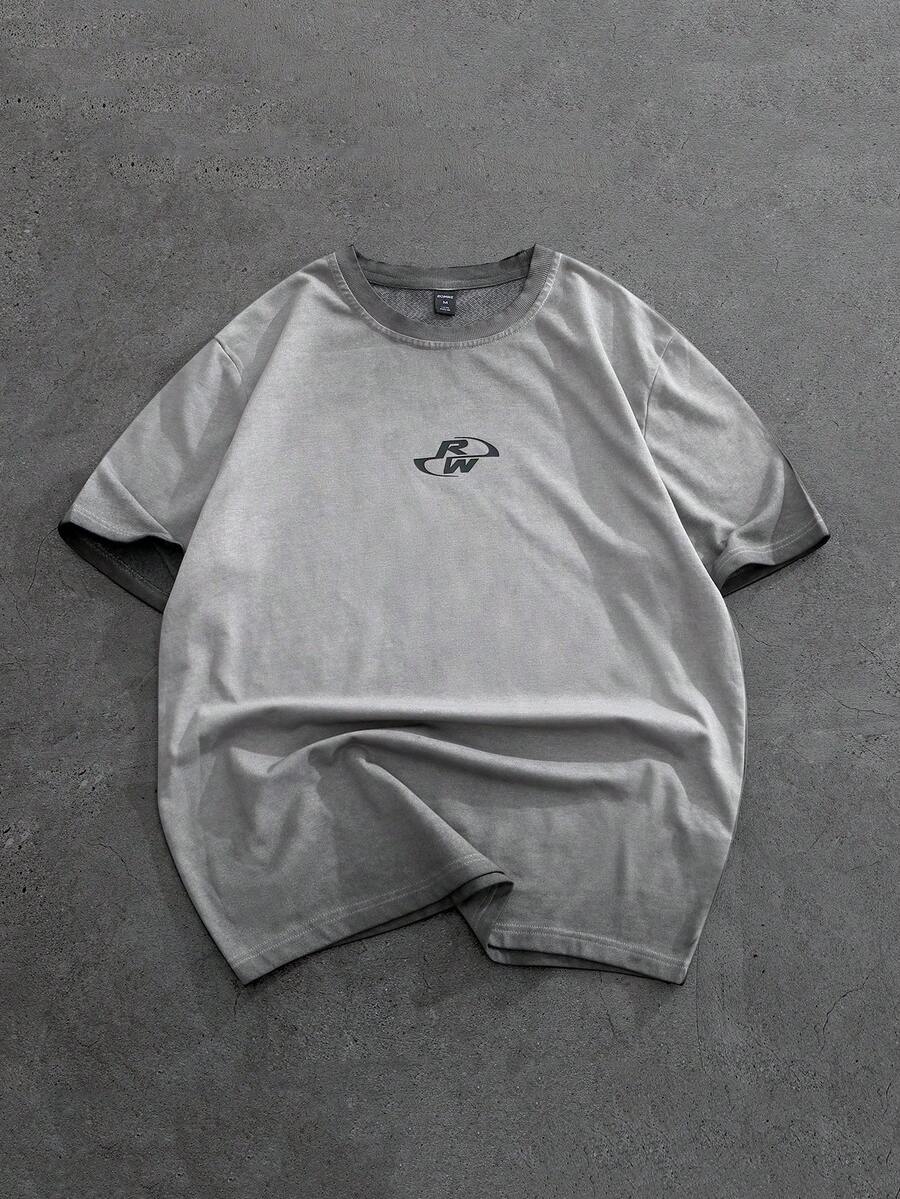 ROMWE MEN Men's Graphic Print Round Neck Casual Versatile Short Sleeve T-Shirt - Grey - View 1