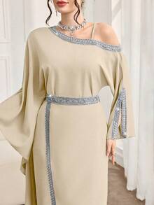 Al Najma Women's Elegant Arabic Style Asymmetric Collar Split Long Sleeve Dress With Woven Trim - Apricot - View 1