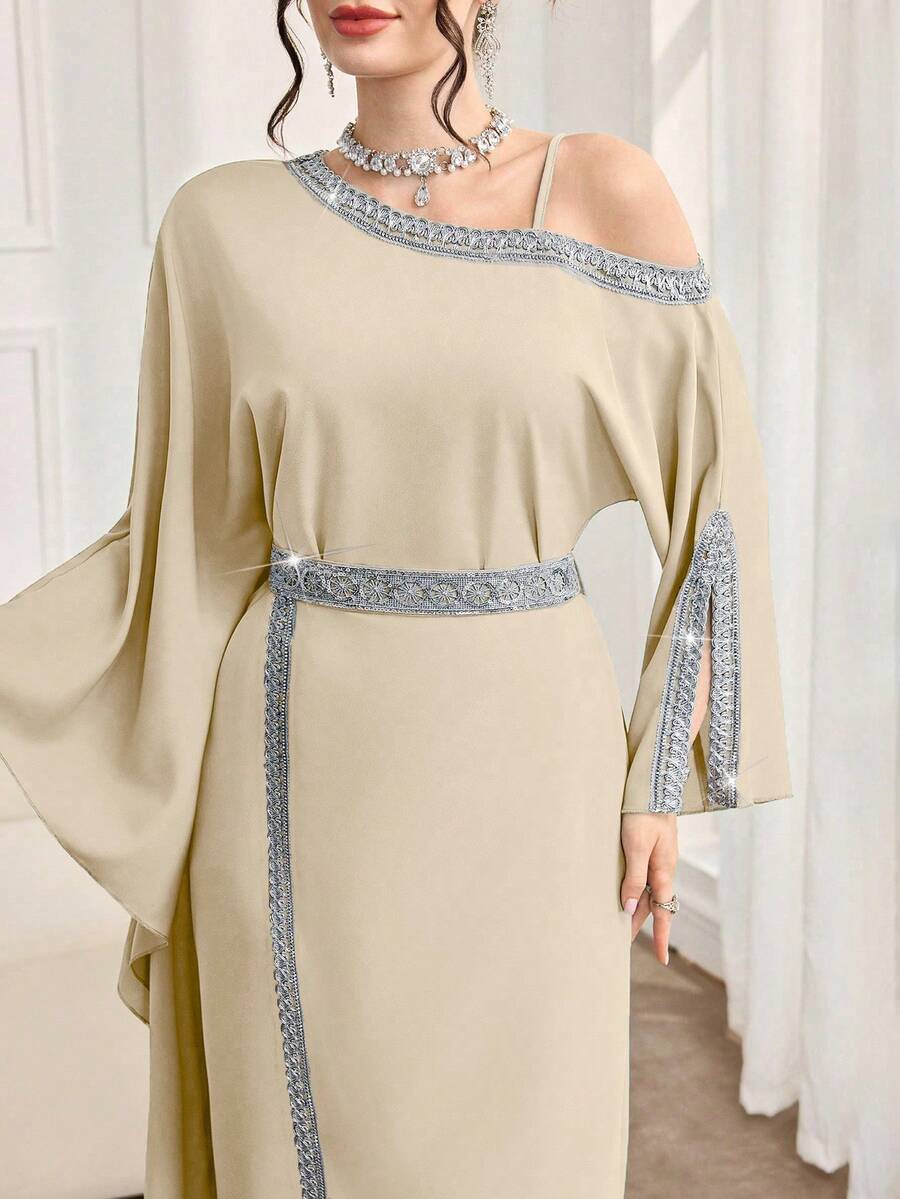 Al Najma Women's Elegant Arabic Style Asymmetric Collar Split Long Sleeve Dress With Woven Trim - Apricot - View 1