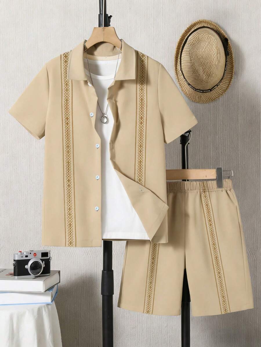 2pcs/Set Fashionable Casual Shirt Outfit For Teen Boys, Spring/Summer, Includes Printed Shirt And Pants, European And American Youth Daily Wear And Social Occasions - Apricot - View 1