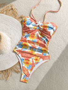 Soleia Women's Vacation Starfish Print Ruched Textured Halter One-Piece Swimsuit - Multicolor - View 3