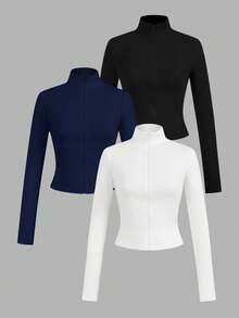SHEIN EZwear 3件套休闲简约白色、黑色、藏蓝色针织拉链长袖T恤（女款） - 彩色 - 查看 2