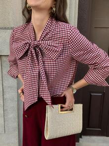 Solivie Women's Elegant Plaid Shirt With Bowknot, Suitable For Commuting, Outing, Party, New Year, Valentine's Day Spring Outfit Women Going Out Top Plaid Top Red Top Gingham Top - Red - View 4