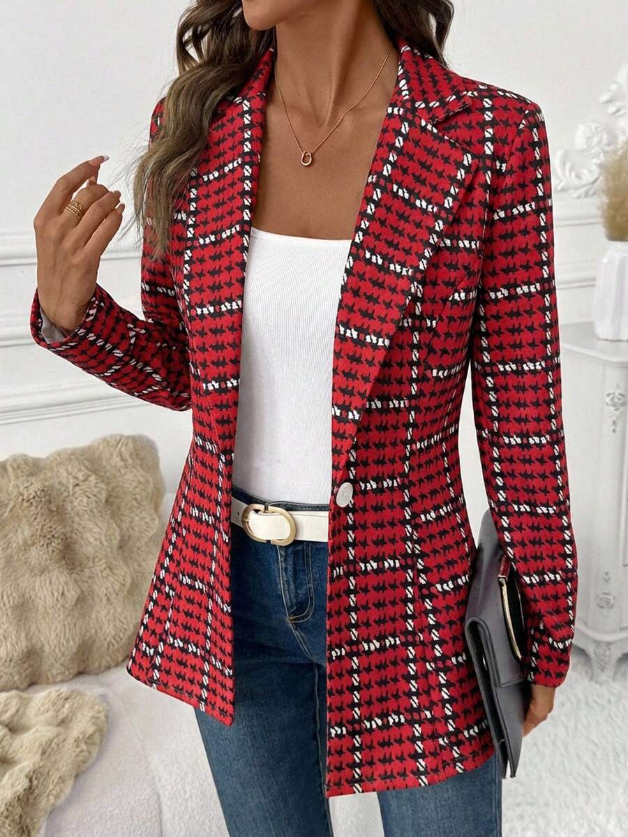 SHEIN Clasi Women's Elegant Plaid Blazer Jacket, Versatile Daily Wear Long Sleeve Blazer, Classic Checkered Jacket For Commuting, Autumn - Red - View 1