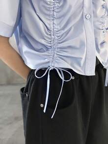 FRIFUL Camisa de verano para mujer con cuello regular, frente con cordón y mangas cortas - Azul - Ver 5